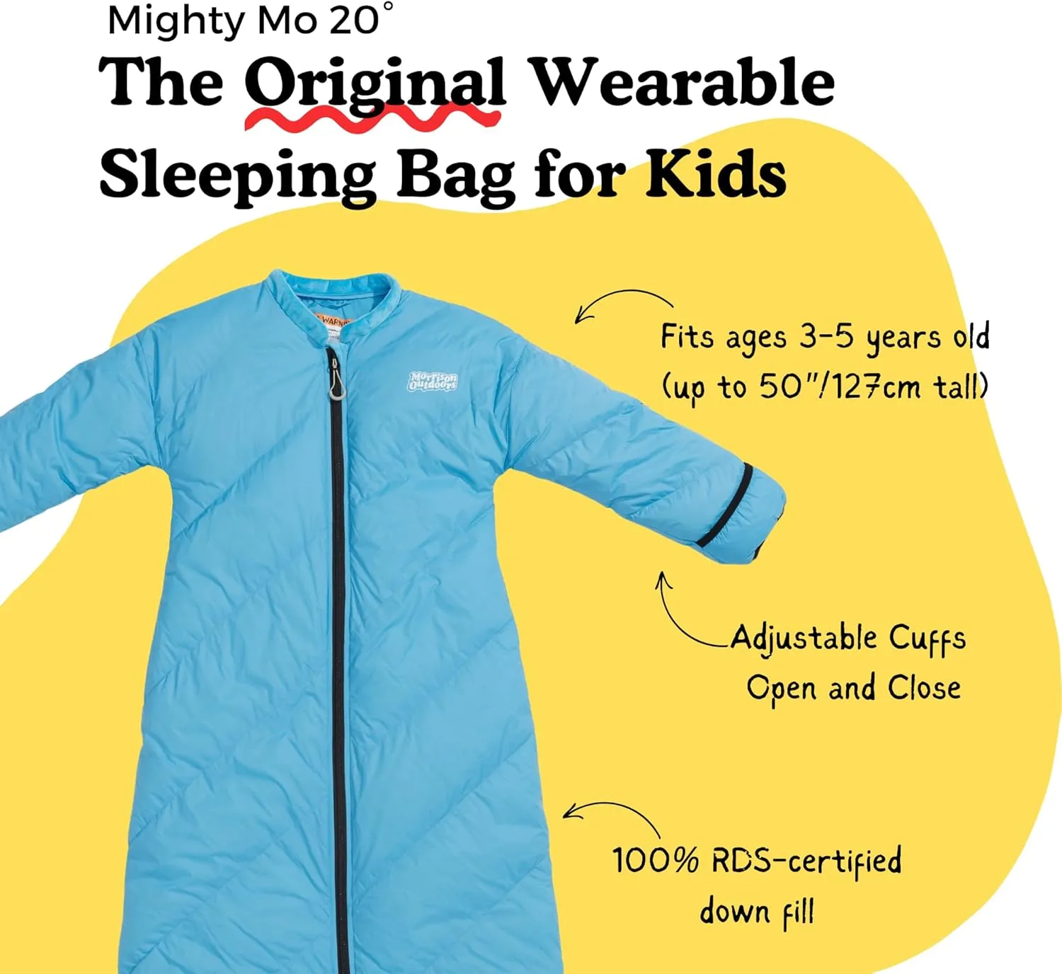 Mighty Mo 20° Down Kids Sleeping Bag (Ages 3-5). The Warmest, Lightest Camping Sleeping Bag for Kids Ages 3-5.