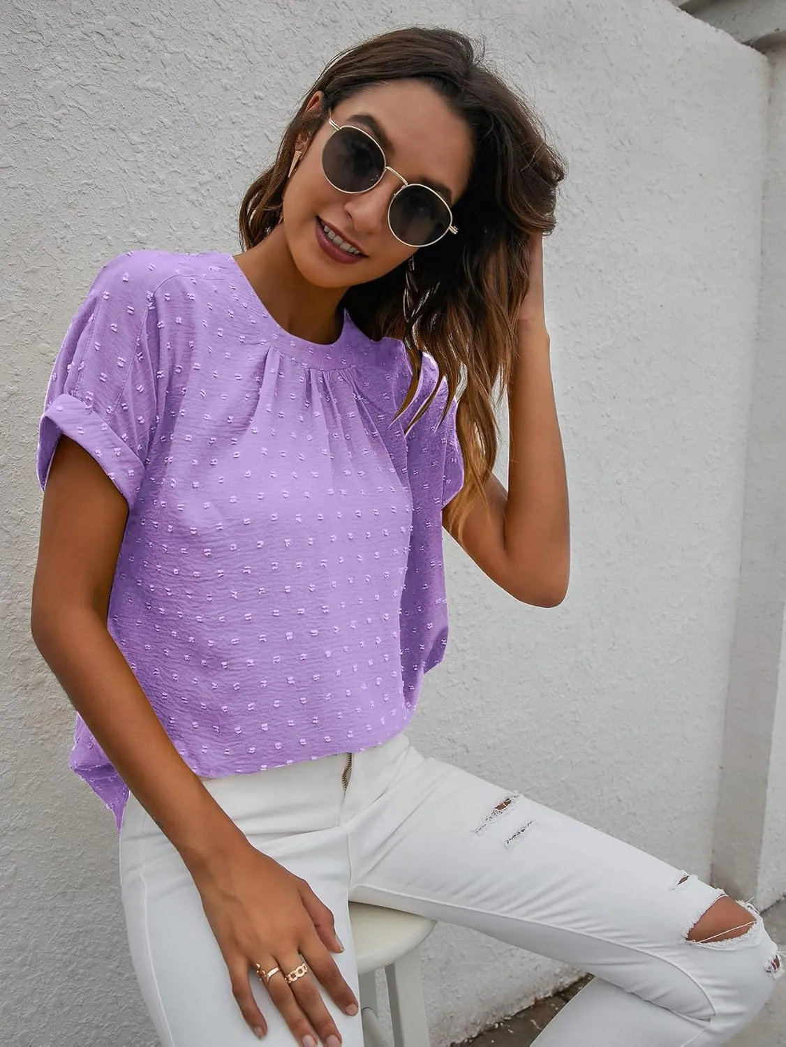 Milumia Women's Casual Swiss Dots Chiffon Ruffle Front Short Sleeve Work Office Blouse Top