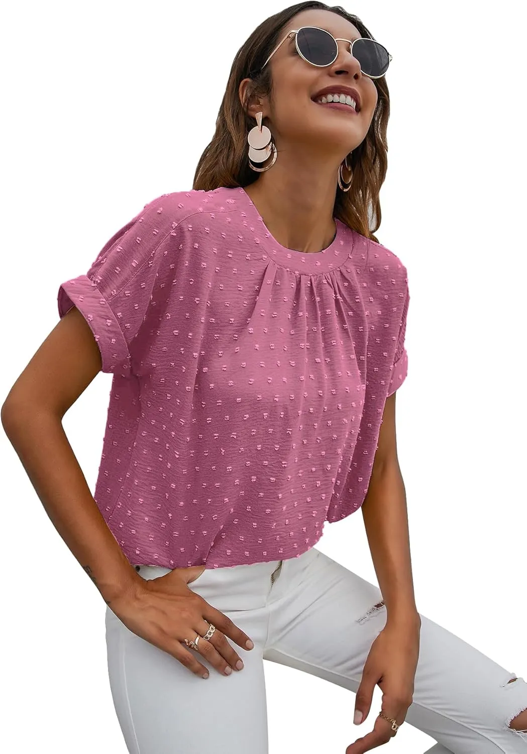 Milumia Women's Casual Swiss Dots Chiffon Ruffle Front Short Sleeve Work Office Blouse Top