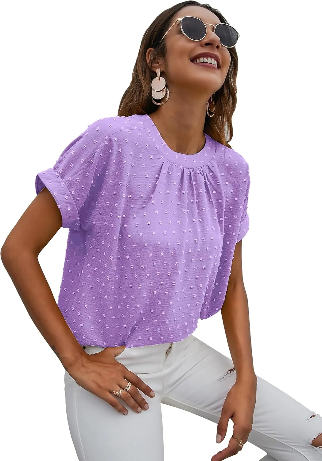 Milumia Women's Casual Swiss Dots Chiffon Ruffle Front Short Sleeve Work Office Blouse Top