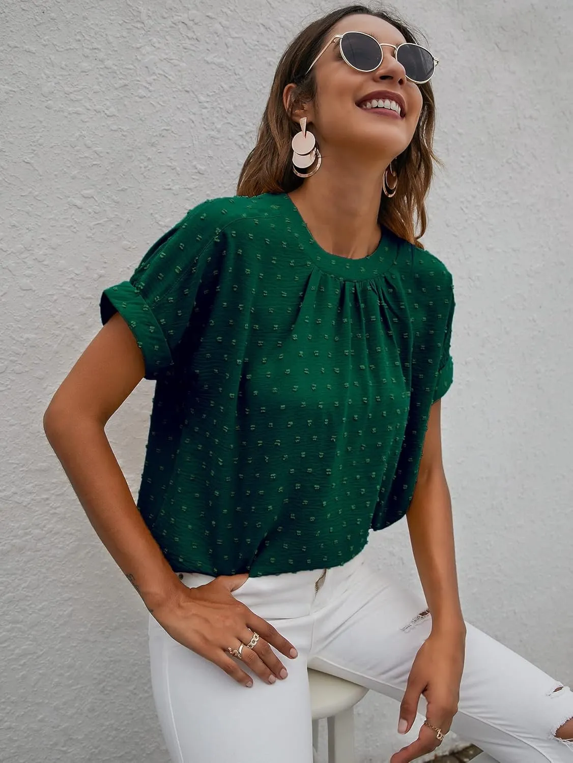 Milumia Women's Casual Swiss Dots Chiffon Ruffle Front Short Sleeve Work Office Blouse Top