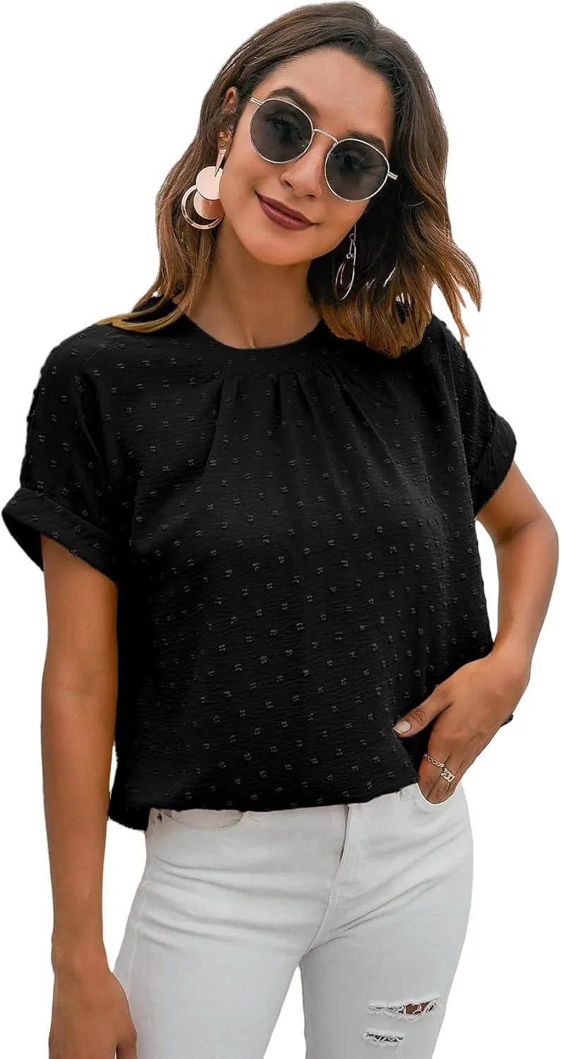 Milumia Women's Casual Swiss Dots Chiffon Ruffle Front Short Sleeve Work Office Blouse Top
