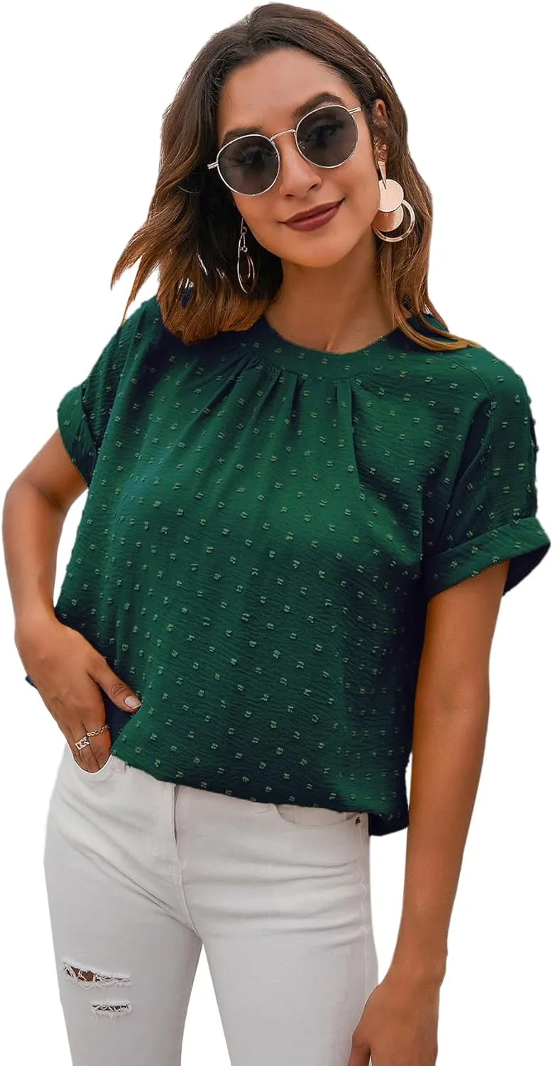 Milumia Women's Casual Swiss Dots Chiffon Ruffle Front Short Sleeve Work Office Blouse Top
