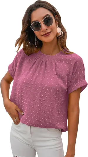 Milumia Women's Casual Swiss Dots Chiffon Ruffle Front Short Sleeve Work Office Blouse Top