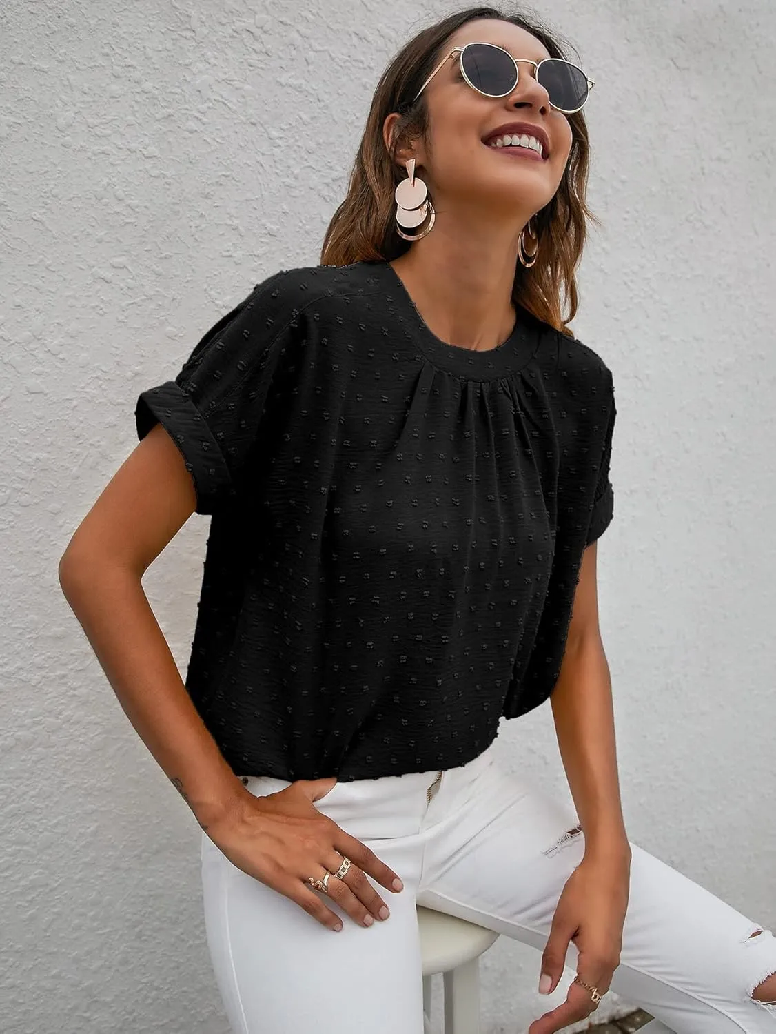 Milumia Women's Casual Swiss Dots Chiffon Ruffle Front Short Sleeve Work Office Blouse Top