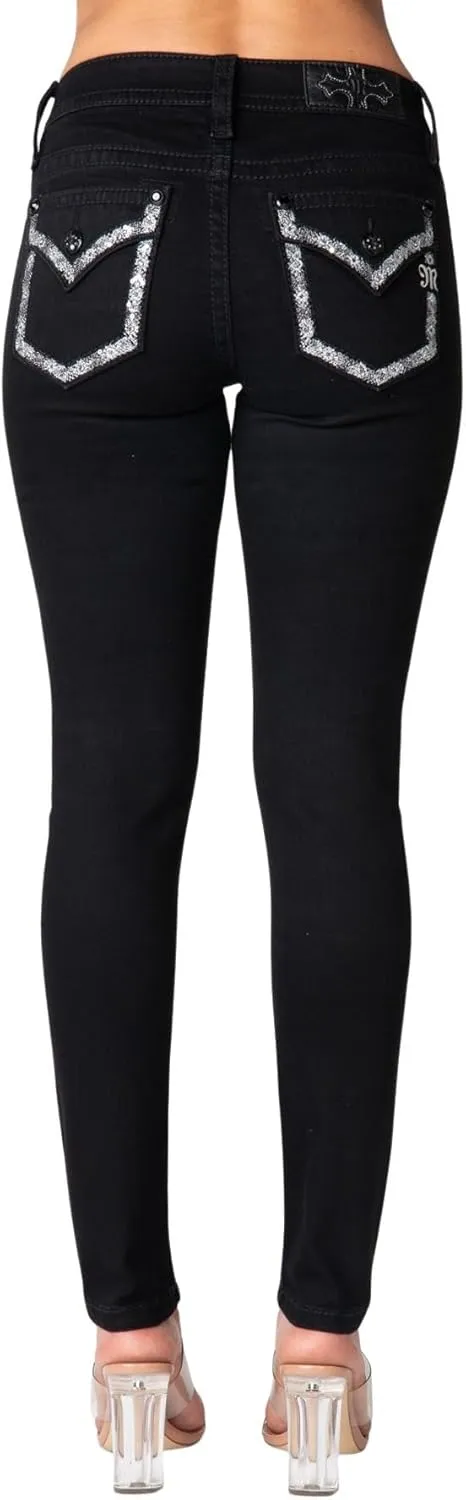 Miss Me Women's Victory Leaf Faux Flap Pocket Mid-Rise Straight Jeans