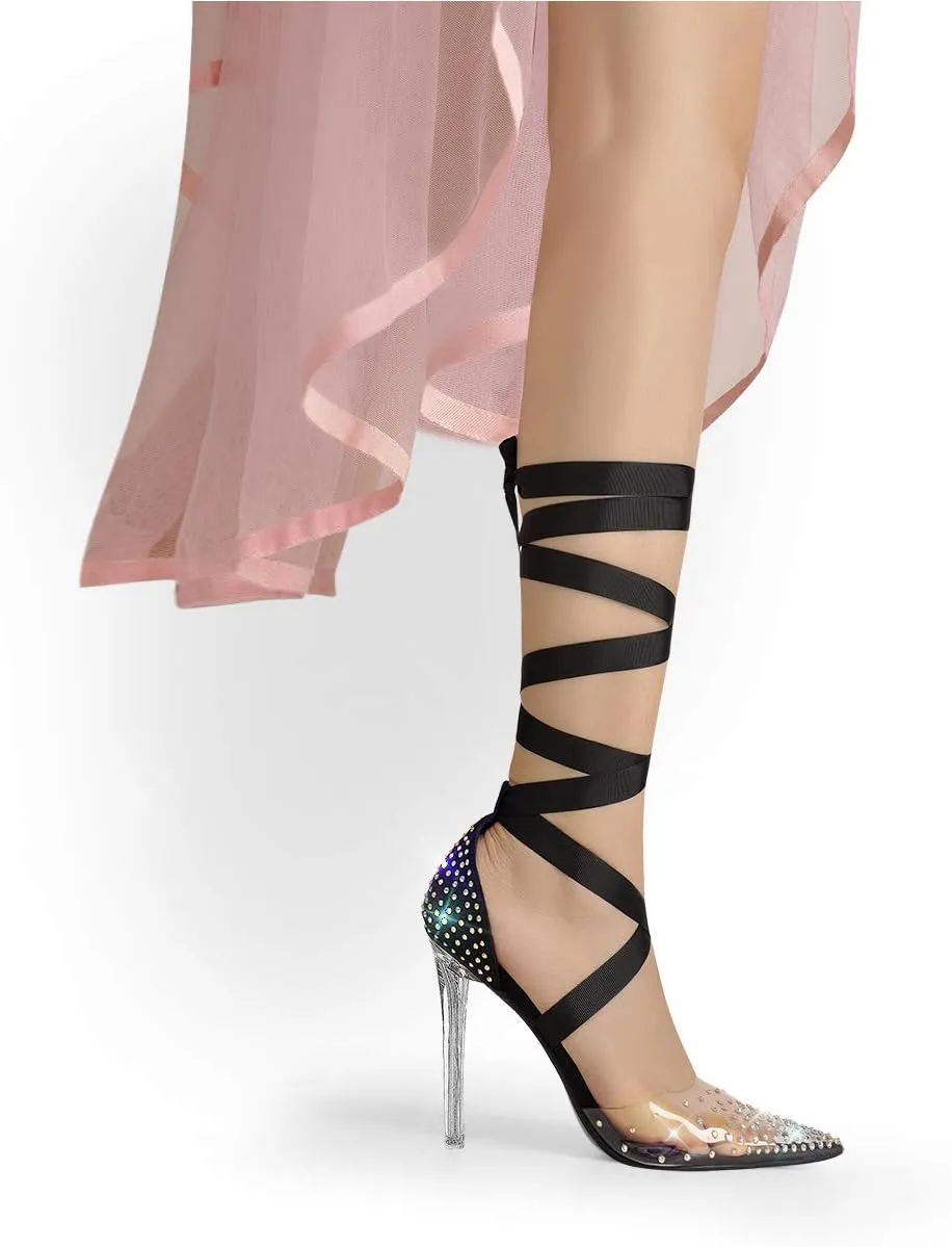 MissHeel Clear and Black Pump Heels Sandals with Rhinestones