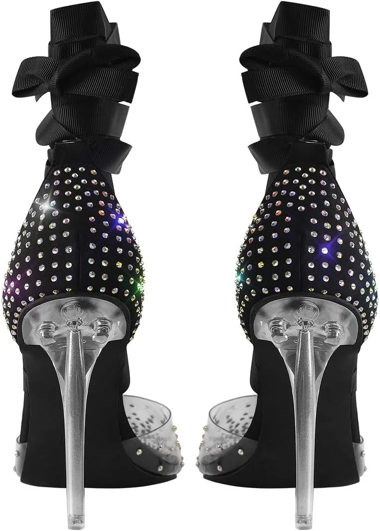 MissHeel Clear and Black Pump Heels Sandals with Rhinestones