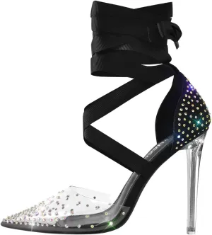 MissHeel Clear and Black Pump Heels Sandals with Rhinestones