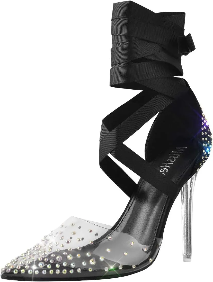 MissHeel Clear and Black Pump Heels Sandals with Rhinestones