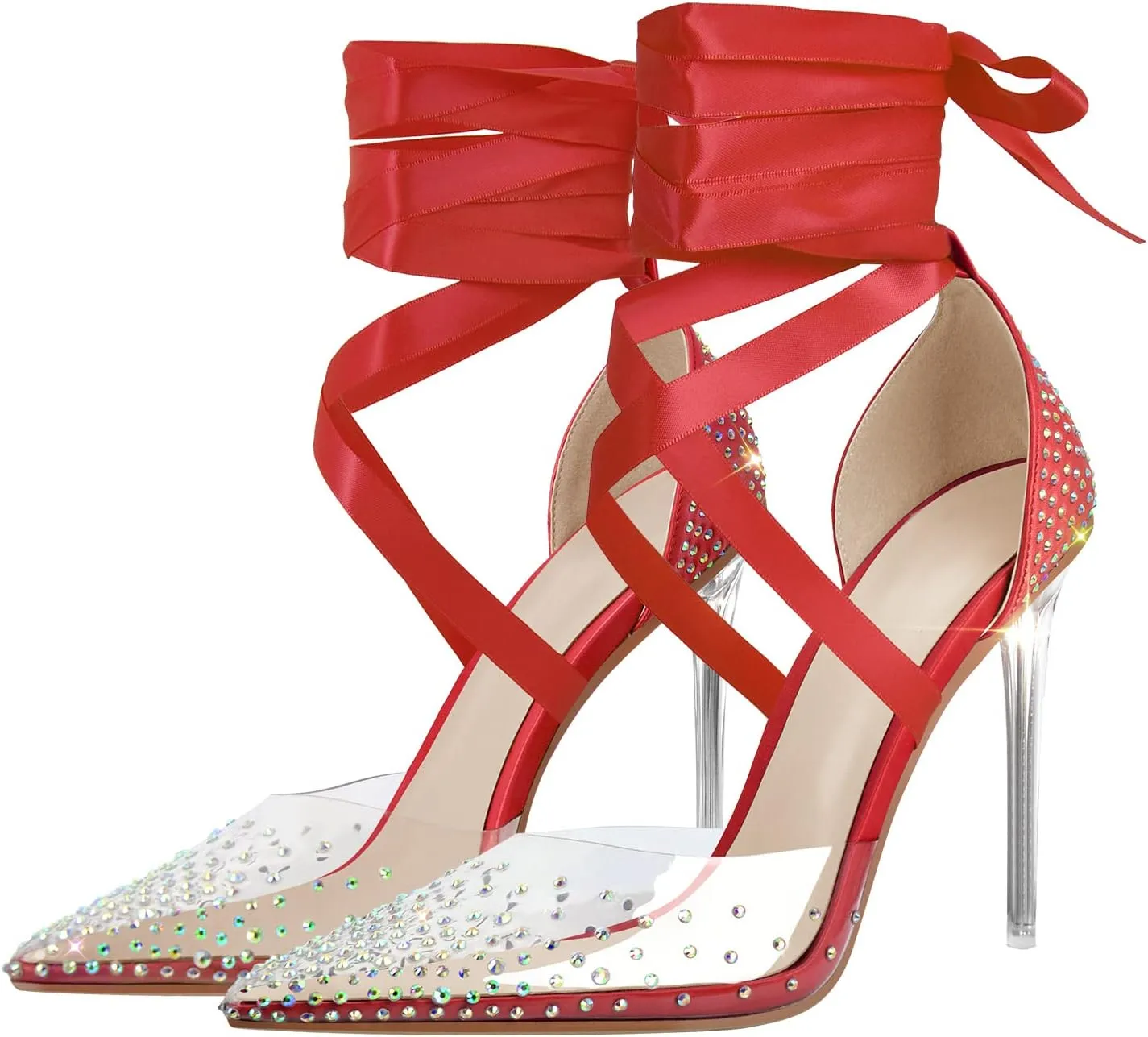 MissHeel Clear and Black Pump Heels Sandals with Rhinestones
