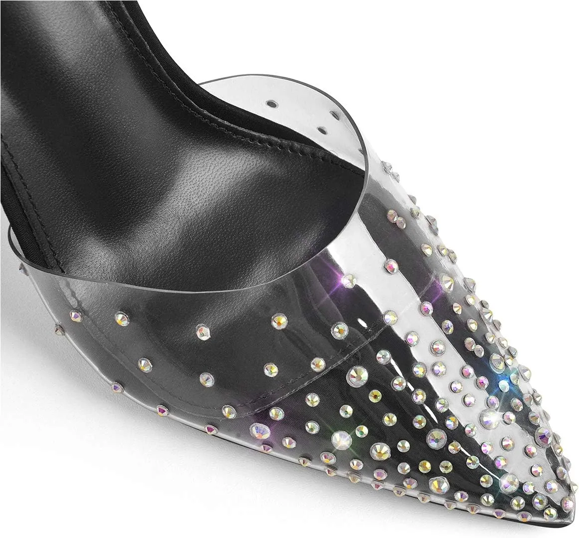 MissHeel Clear and Black Pump Heels Sandals with Rhinestones