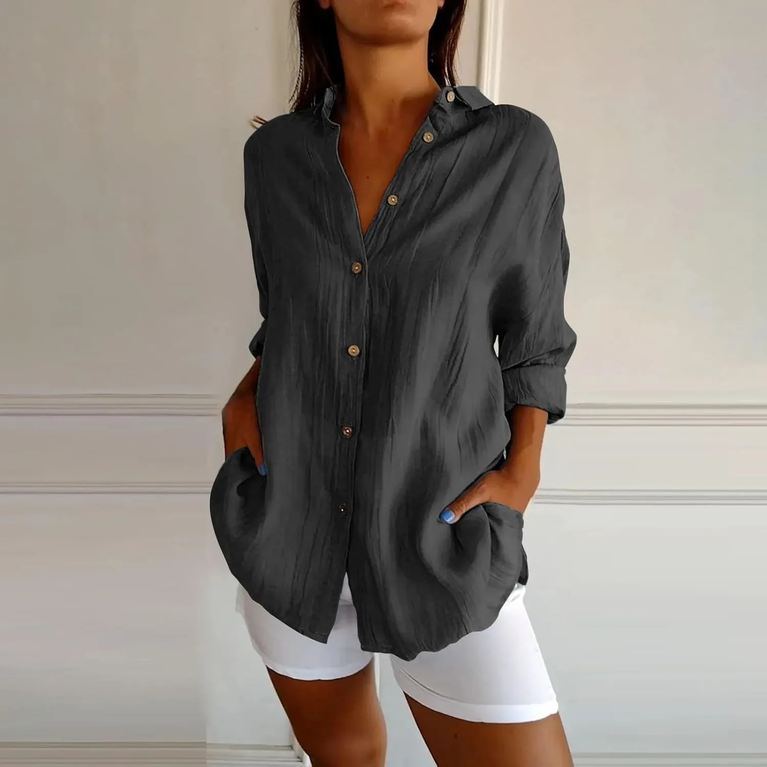 Miyaomn Womens Button Down Dress Shirts Cotton Linen Long Sleeve Collared Blouse Lightweight Slim Fit Solid V Neck Casual Top
