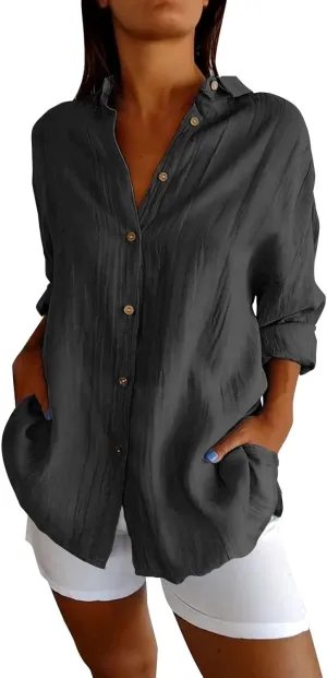 Miyaomn Womens Button Down Dress Shirts Cotton Linen Long Sleeve Collared Blouse Lightweight Slim Fit Solid V Neck Casual Top