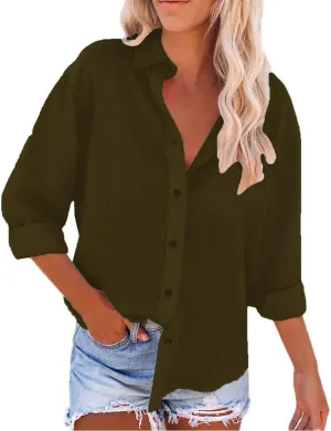 Miyaomn Women's Linen Button Down Shirts Casual Solid Long Sleeve Dress Shirt Spring Fall Loose Fit V Neck Lapel Blouses Tops