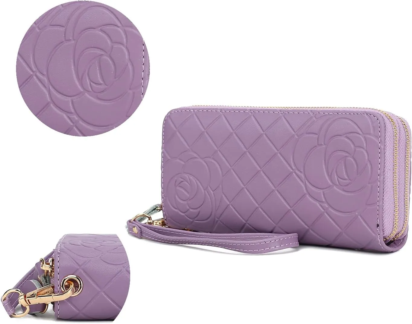 MKF Collection Wristlet Wallet for Women, Leather Quilted Flower Embossed Wristlet Strap with card slots Purse Black By Mia K
