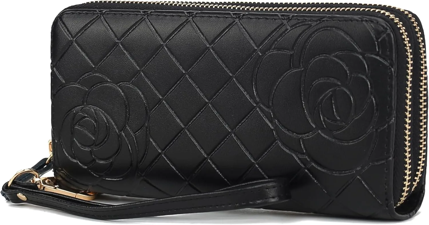 MKF Collection Wristlet Wallet for Women, Leather Quilted Flower Embossed Wristlet Strap with card slots Purse Black By Mia K