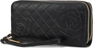 MKF Collection Wristlet Wallet for Women, Leather Quilted Flower Embossed Wristlet Strap with card slots Purse Black By Mia K