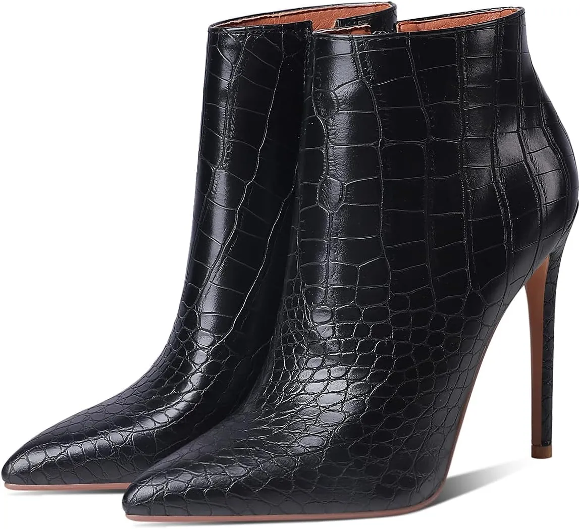 MODENCOCO Women's Pointed Toe Leather Zip Matte Stiletto High Heel Ankle High Boots 4.7 Inch