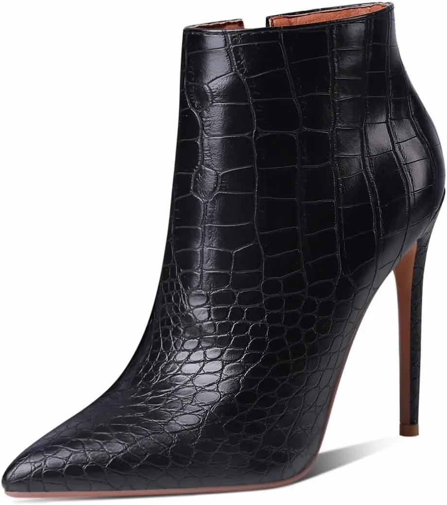MODENCOCO Women's Pointed Toe Leather Zip Matte Stiletto High Heel Ankle High Boots 4.7 Inch