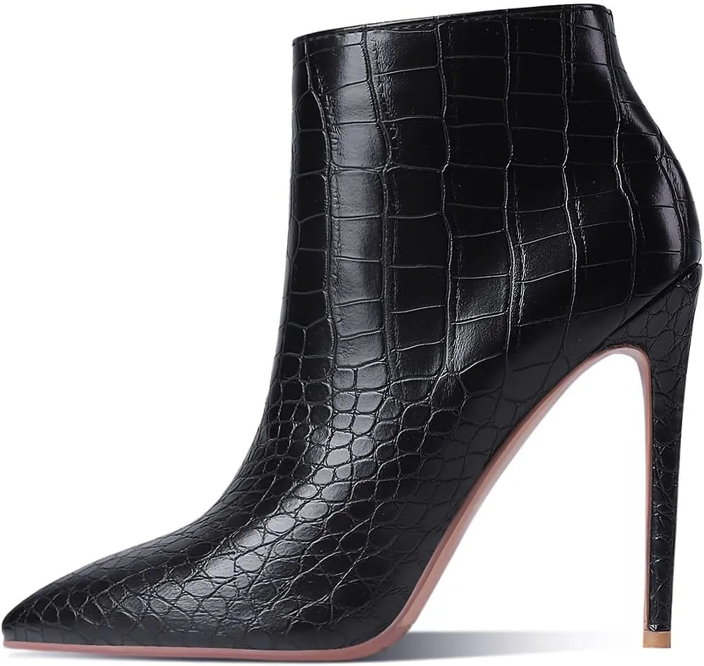 MODENCOCO Women's Pointed Toe Leather Zip Matte Stiletto High Heel Ankle High Boots 4.7 Inch