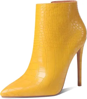 MODENCOCO Women's Pointed Toe Leather Zip Matte Stiletto High Heel Ankle High Boots 4.7 Inch