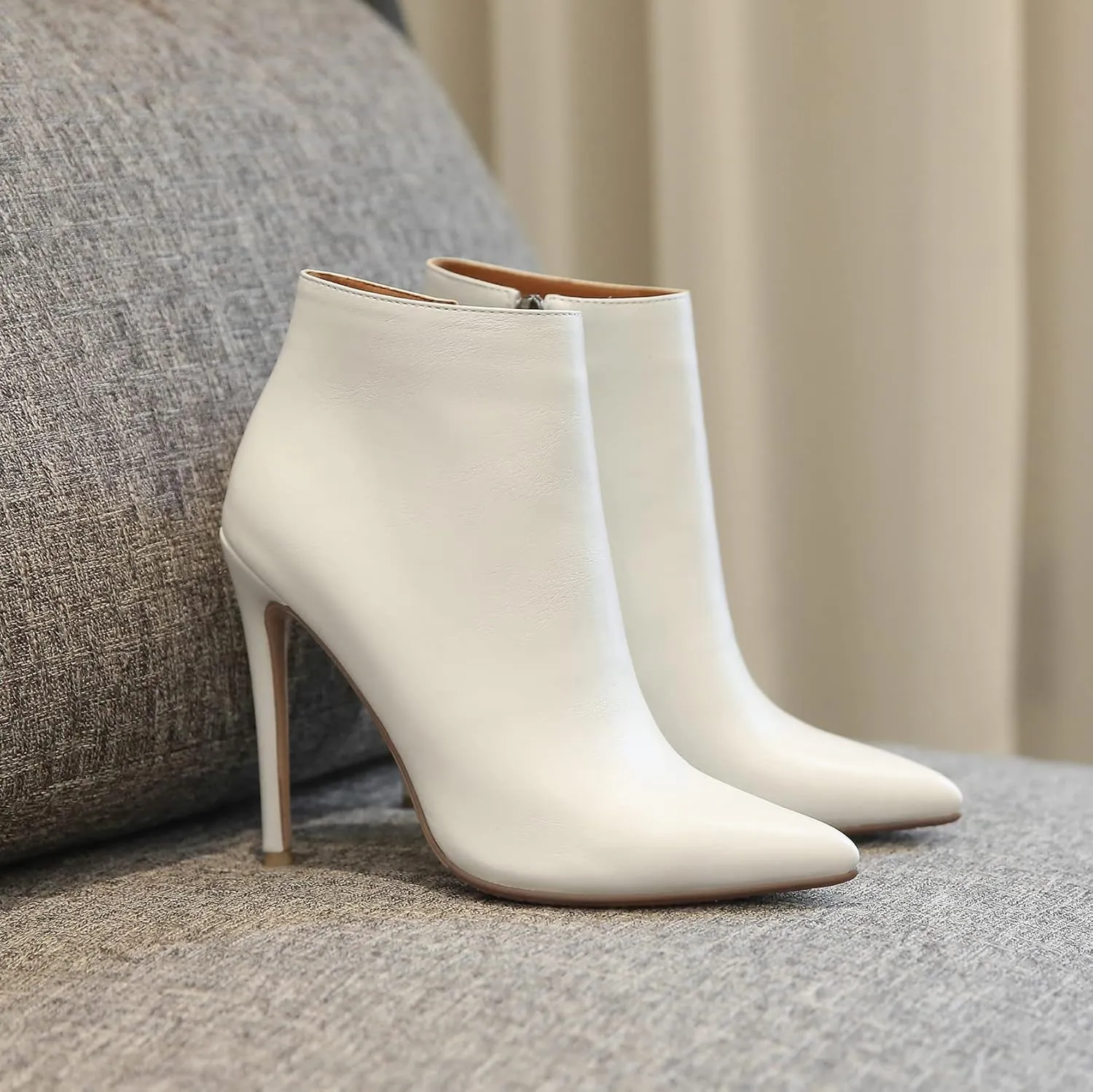 MODENCOCO Women's Pointed Toe Leather Zip Matte Stiletto High Heel Ankle High Boots 4.7 Inch