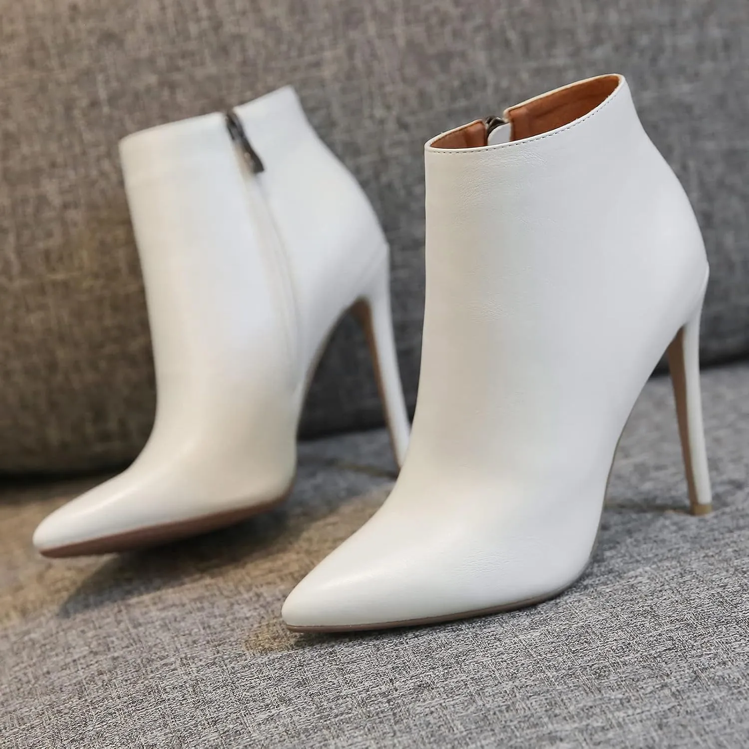 MODENCOCO Women's Pointed Toe Leather Zip Matte Stiletto High Heel Ankle High Boots 4.7 Inch
