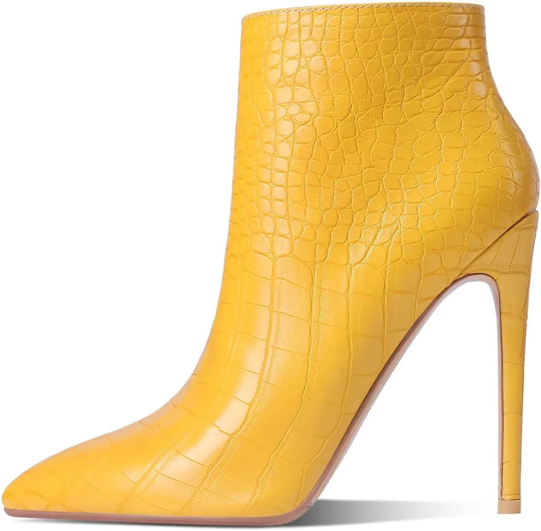MODENCOCO Women's Pointed Toe Leather Zip Matte Stiletto High Heel Ankle High Boots 4.7 Inch