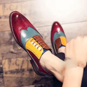 Modern Casual Lace-Up Leather Shoes for Men, Classic Low Top Non-Slip Oxfords Vintage Splicing Brogue Embossed Dress Shoes, Comfortable Office