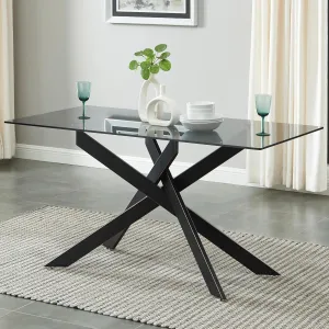 Modern Style Dining Table with Gray Tempered Glass Top and Black Metal Tubular Legs, 58.5”Lx29”Wx30”H