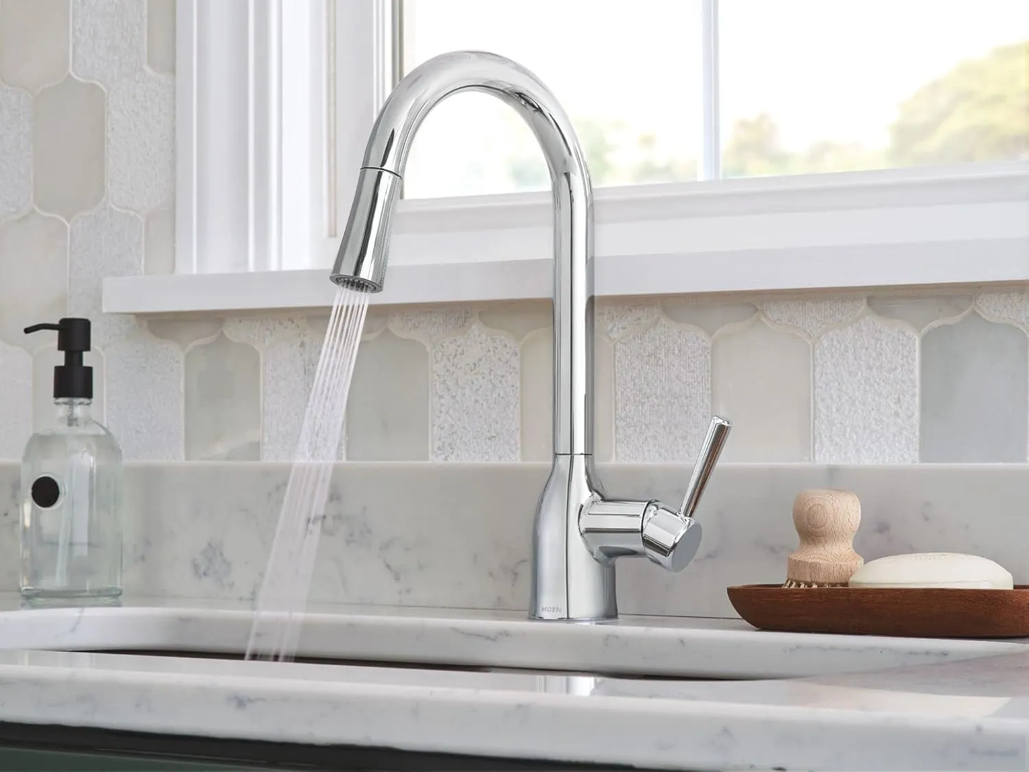Moen Adler Chrome One-Handle High Arc Kitchen Sink Faucet with Power Clean, Modern Kitchen Faucet with Pull Down Sprayer, 87233