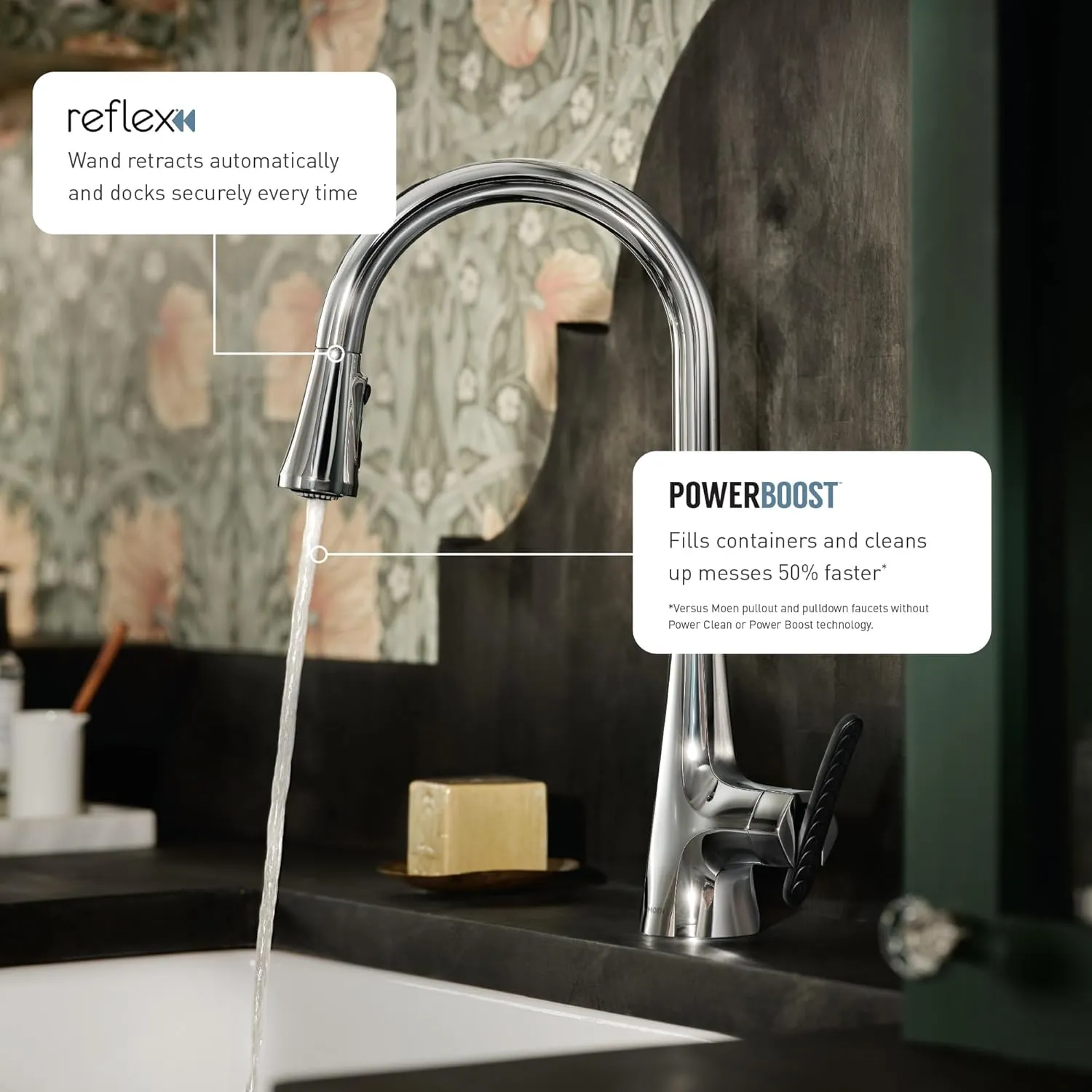 Moen Haelyn Chrome Single-Handle Pull-Down Sprayer Kitchen Faucet Featuring Power Boost for a Faster Clean, Soap Dispenser Included, 87627