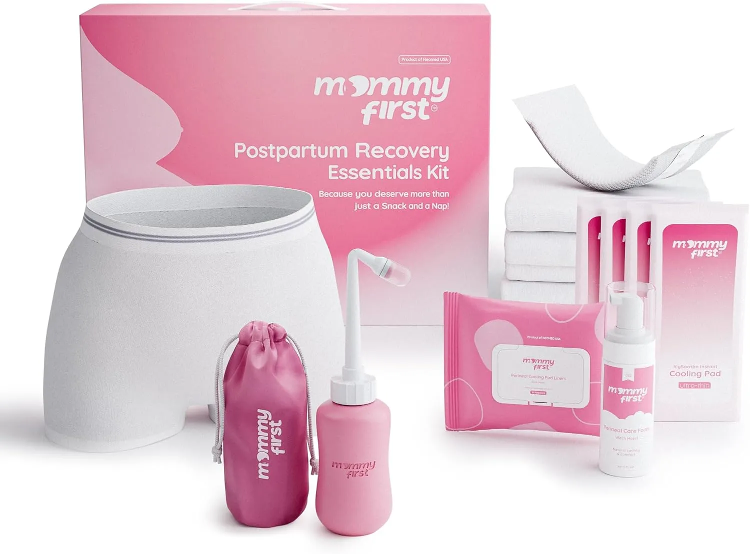 Mommy First® Postpartum Essentials Recovery Kit – Thinnest Perineal Ice Packs, Witch Hazel Healing Foam, Witch Hazel Liners, Upside Down Peri Bottle & Postpartum Underwear for Postpartum Recovery