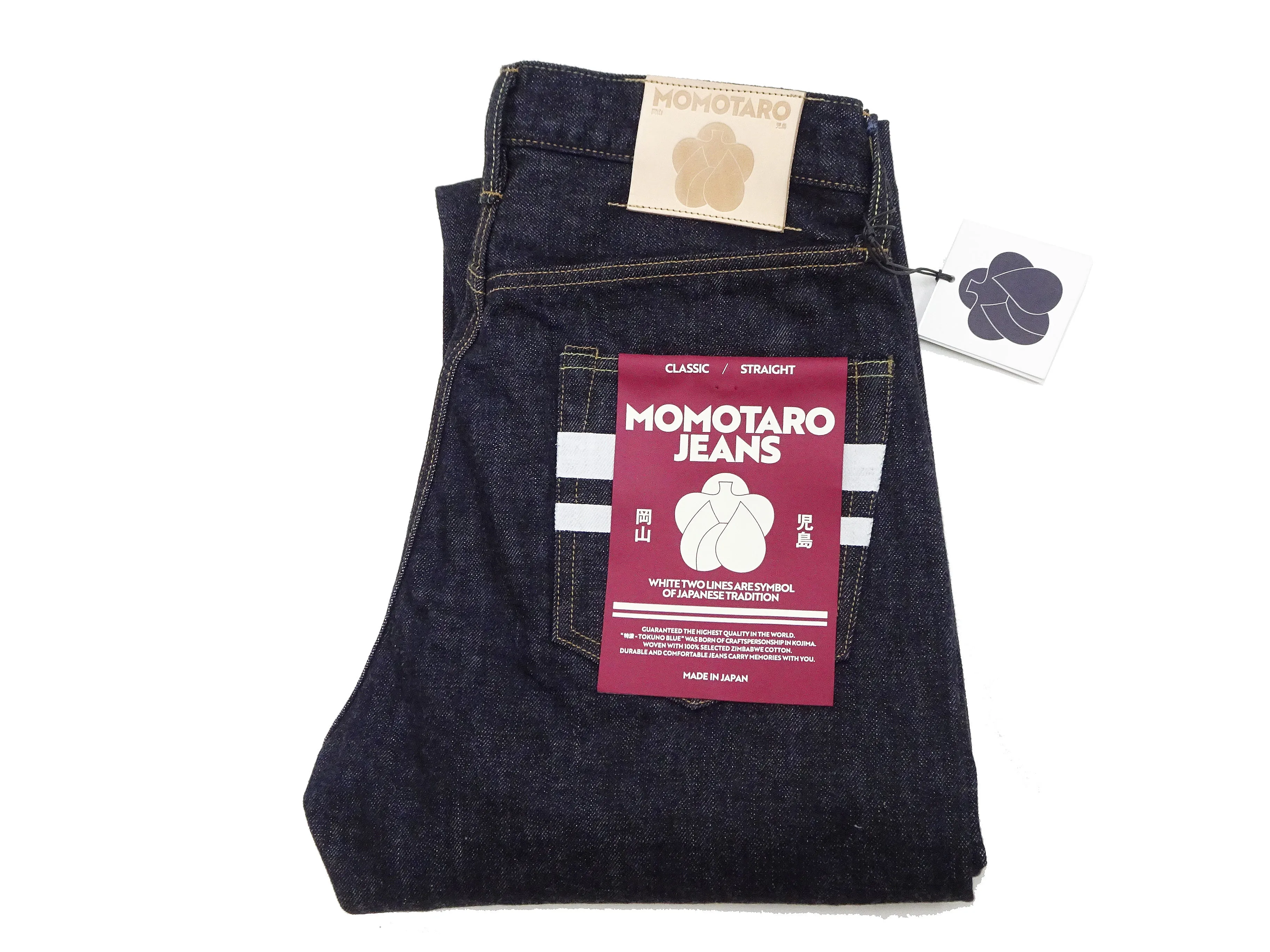 Momotaro Jeans #100 with Double-Stripe Paint Men's Loose Fit Classic Straight Button-Fly Jean Pants 14.7oz. Zimbabwean Cotton Deep Indigo Denim MMJB0101 One-Wash