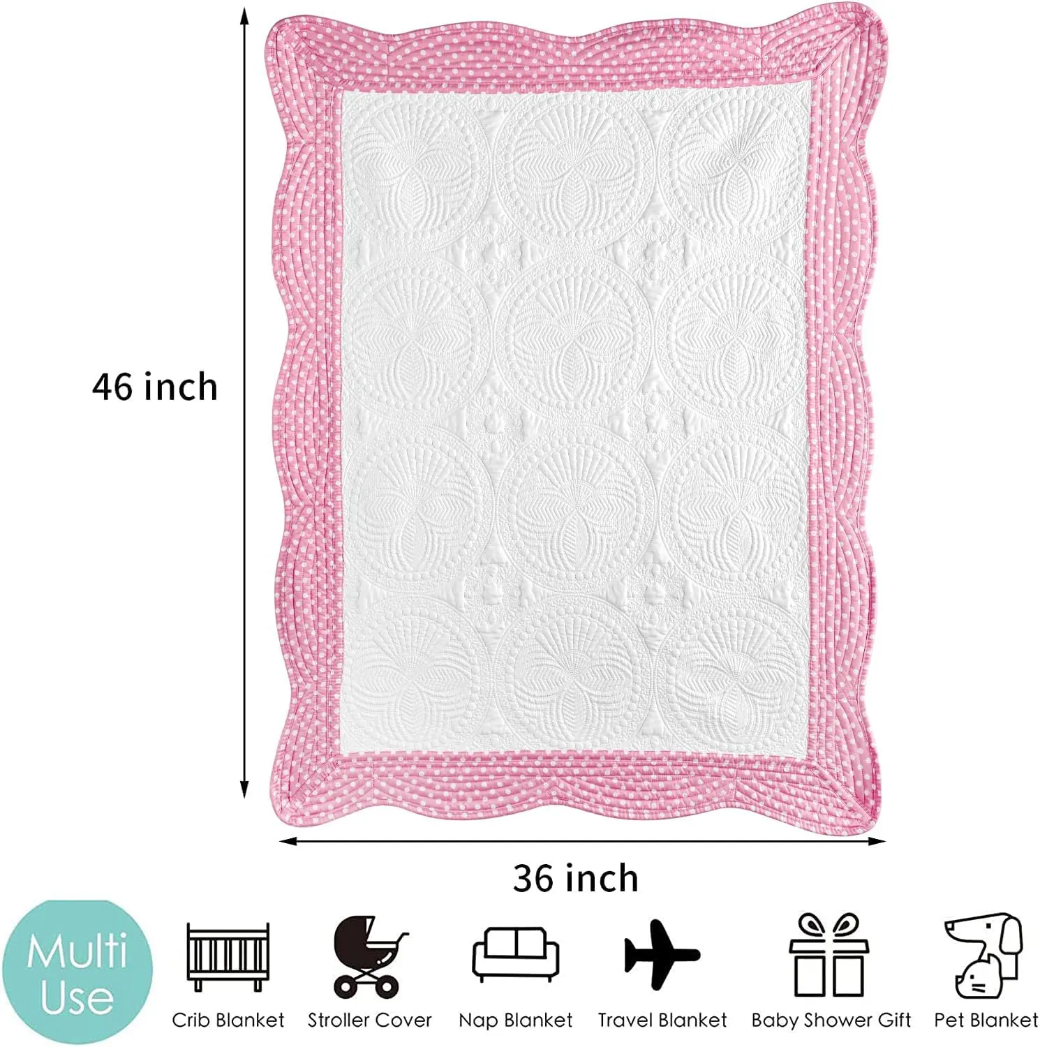 MONOBLANKS Baby Quilt Personlized Monogram Lightweight Embossed Scalloped Throw Blanket Four Seasons (Hot Pink Polka Dots)