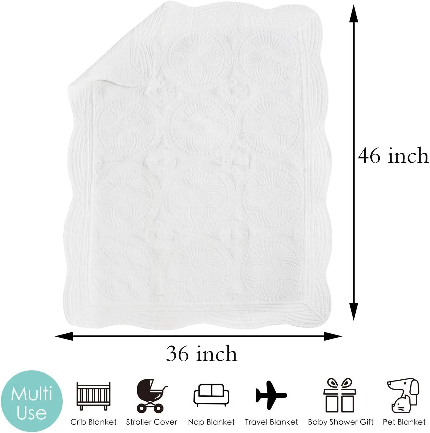MONOBLANKS Baby Quilt Personlized Monogram Lightweight Embossed Scalloped Throw Blanket Four Seasons (White)