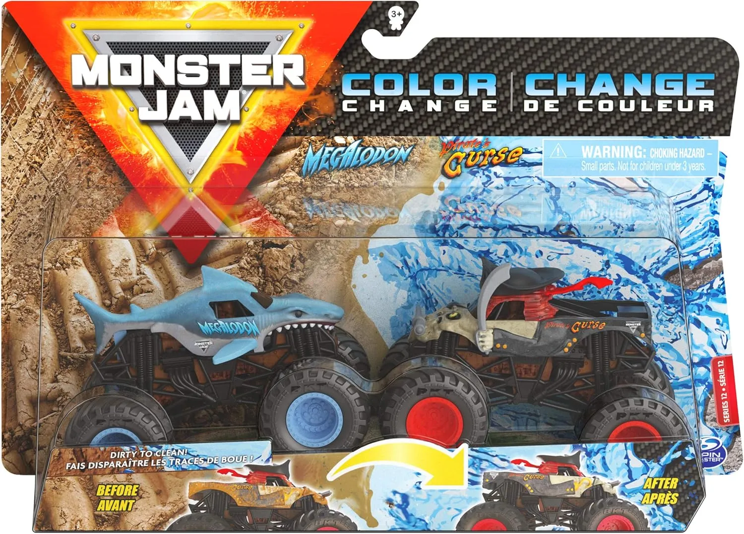 Monster Jam Megalodon vs Pirate's Curse - 1:64 Scale Color-Changing Trucks Double Pack for Kids Aged 3 and Up