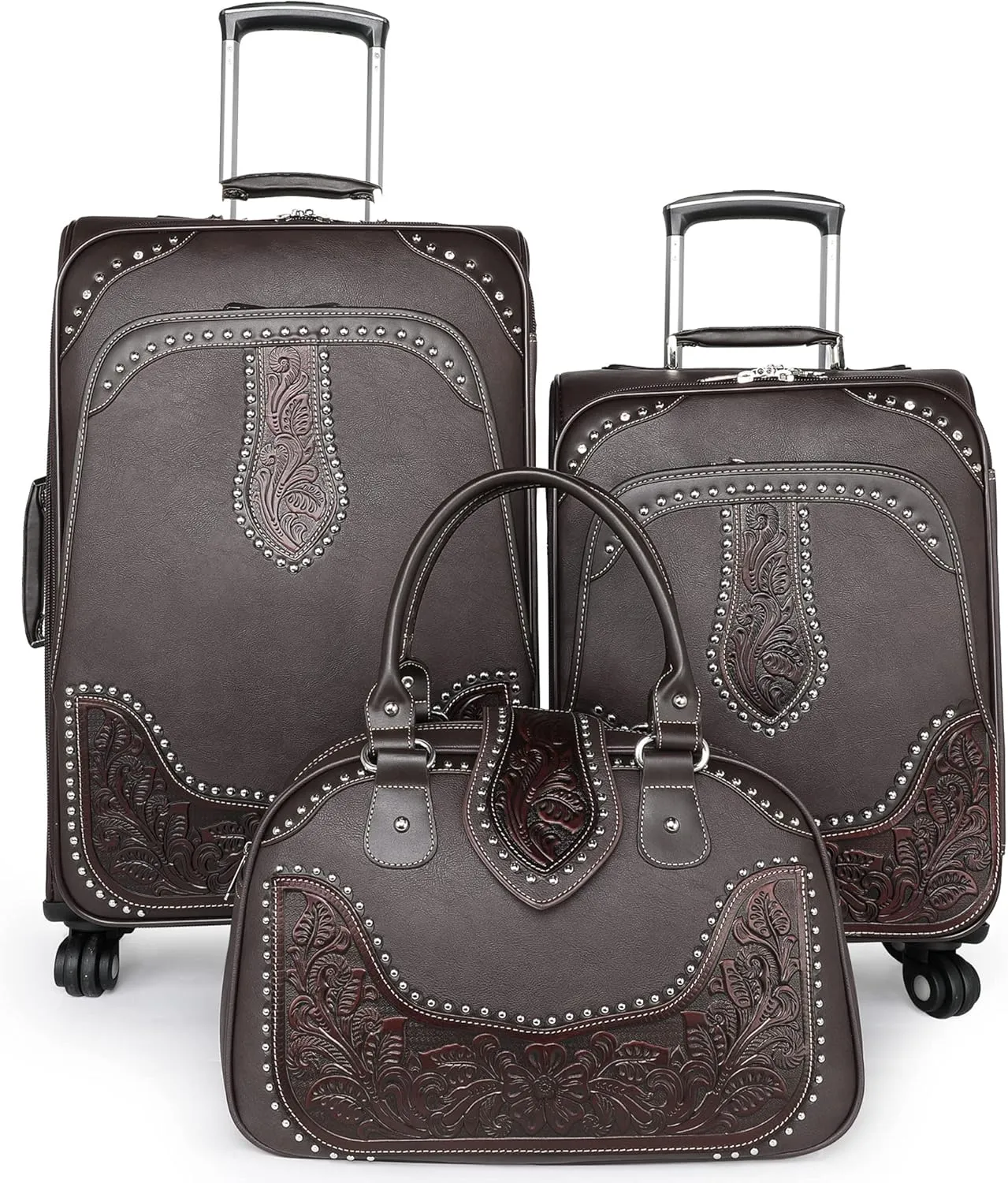 Montana West Western Tooling Luggage 3 Piece Sets Suitcase Embossed Vegan Leather Spinner Wheels Carry On Duffle Bag for Travel Coffee MBB-WRL-L1-2-3 CF