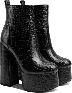 MOOMMO Platform Boots Ankle High Chunky Heel for Women Crocodile Round Toe Stretchy Leather Chelsea Boots Side Zipper Animal Print Combat Booties Sexy Office Party Wedding Prom 4-11 M US