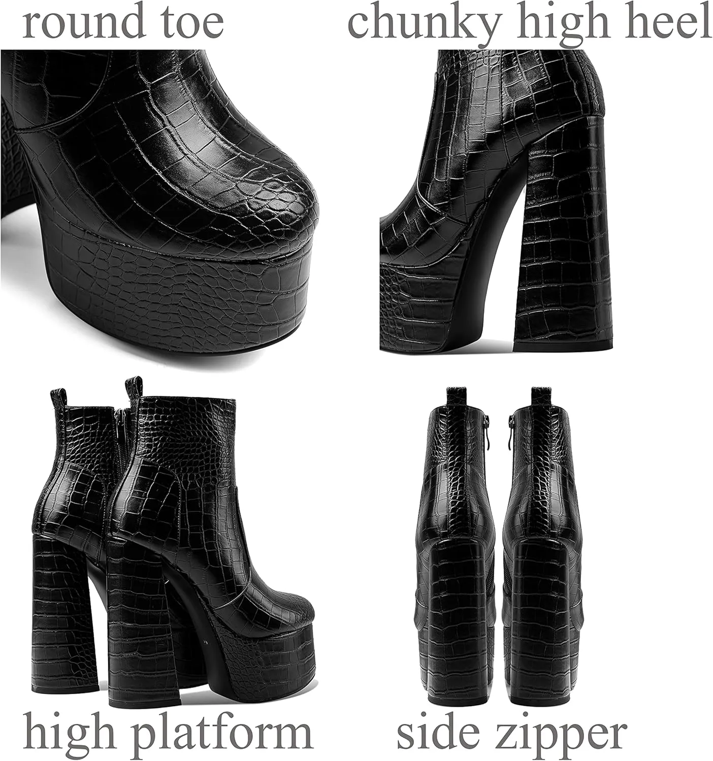 MOOMMO Platform Boots Ankle High Chunky Heel for Women Crocodile Round Toe Stretchy Leather Chelsea Boots Side Zipper Animal Print Combat Booties Sexy Office Party Wedding Prom 4-11 M US