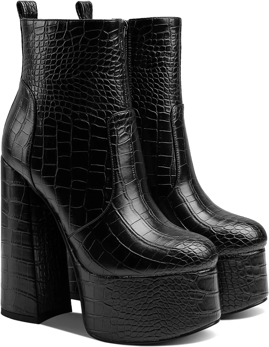 MOOMMO Platform Boots Ankle High Chunky Heel for Women Crocodile Round Toe Stretchy Leather Chelsea Boots Side Zipper Animal Print Combat Booties Sexy Office Party Wedding Prom 4-11 M US