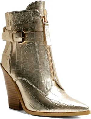 MOOMMO Women Chunky Heel Western Booties Pointed Toe Buckle Strap Crocodile Pattern Front Zipper Ankle Boots Cowboy 4 Inch High Stacked Heel Animal Print Wild Cool Party Club Winter 5-11 M US