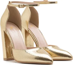 MOOMMO Women Pointed Toe Chunky Pumps Ankle Strap High Heel Summer Sandals 4 Inch Block Heel Crocodile Pattern Closed Toe Buckle Fashion Wedding Office Dress Comfortable Shoes Size 4-13 M US