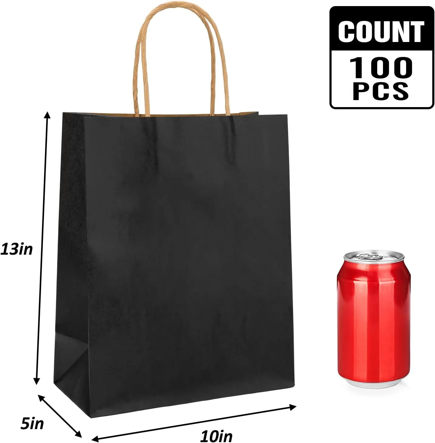 Moretoes 100pcs Paper Gift Bags 10x5x13 Inches Black Kraft Paper Bags with Handles Bulk for Shopping, Retail, Small Business, Birthday Wedding Party Favor, Merchandise