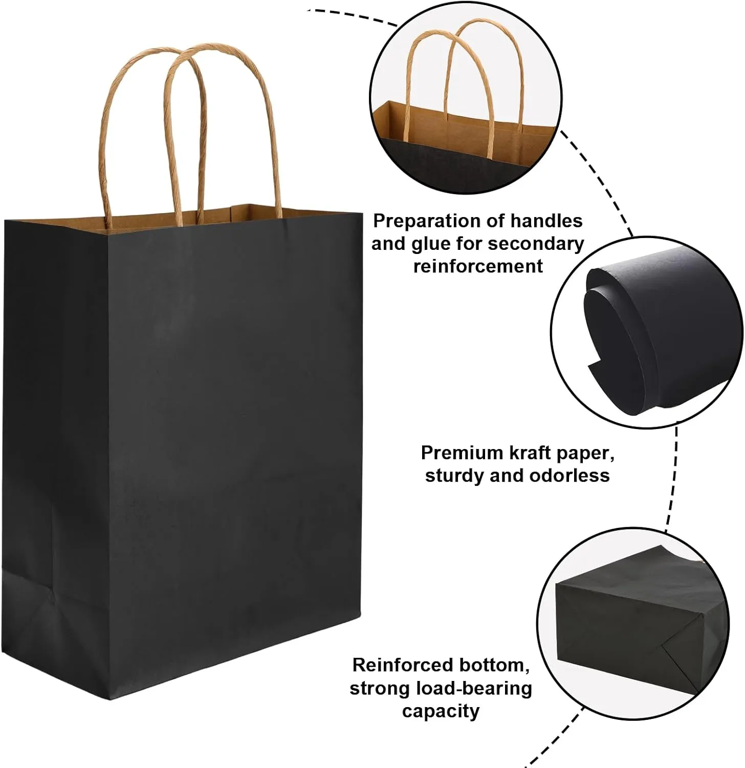 Moretoes 100pcs Paper Gift Bags 10x5x13 Inches Black Kraft Paper Bags with Handles Bulk for Shopping, Retail, Small Business, Birthday Wedding Party Favor, Merchandise