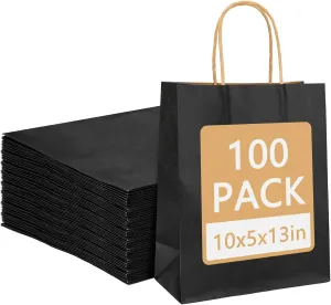 Moretoes 100pcs Paper Gift Bags 10x5x13 Inches Black Kraft Paper Bags with Handles Bulk for Shopping, Retail, Small Business, Birthday Wedding Party Favor, Merchandise