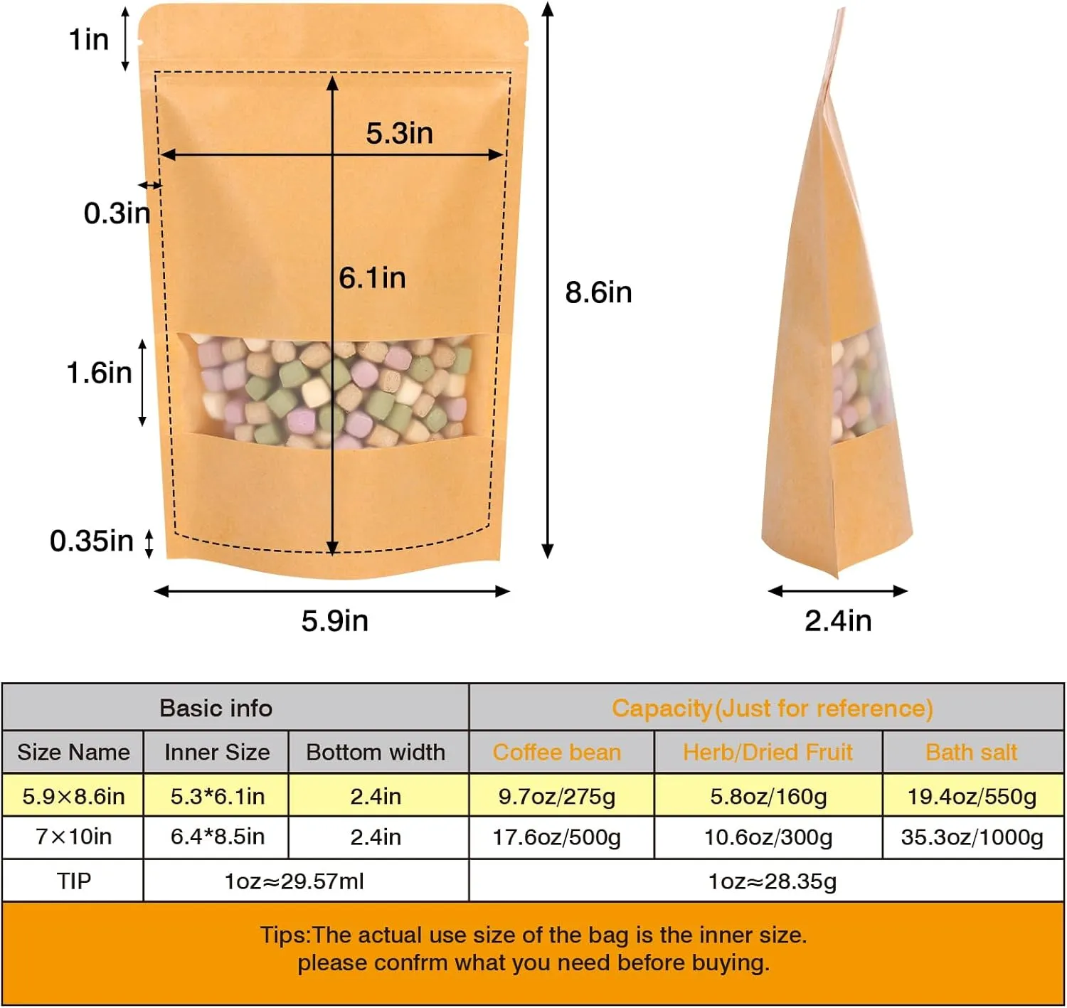 Moretoes 120pcs Resealable Bags, 5.9x8.6 Inches Kraft Bags with Window, Brown Ziplock Coffee Pouches for Home or Business