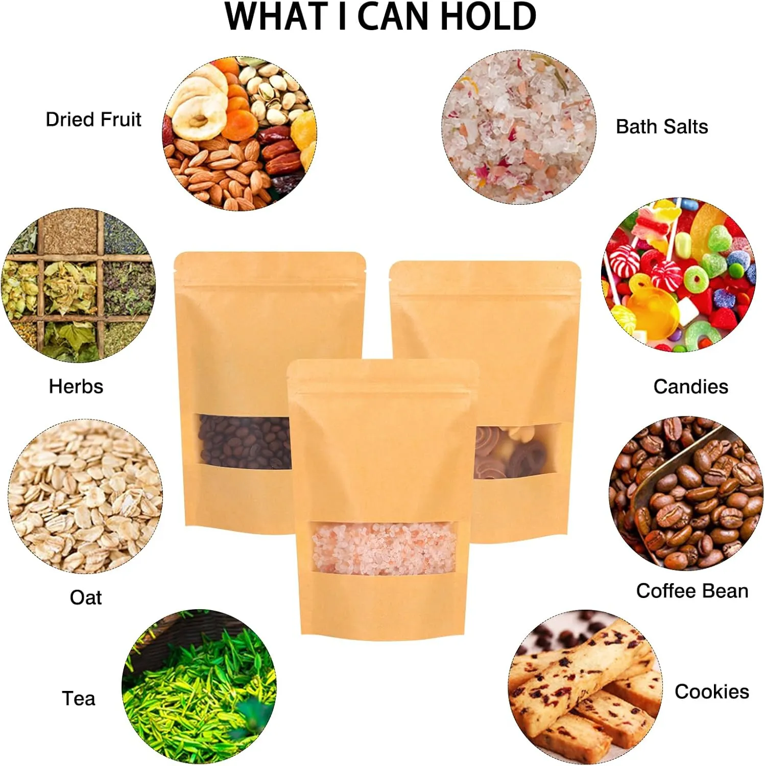 Moretoes 120pcs Resealable Bags, 5.9x8.6 Inches Kraft Bags with Window, Brown Ziplock Coffee Pouches for Home or Business