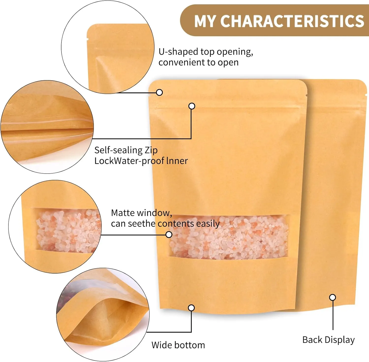 Moretoes 120pcs Resealable Bags, 5.9x8.6 Inches Kraft Bags with Window, Brown Ziplock Coffee Pouches for Home or Business